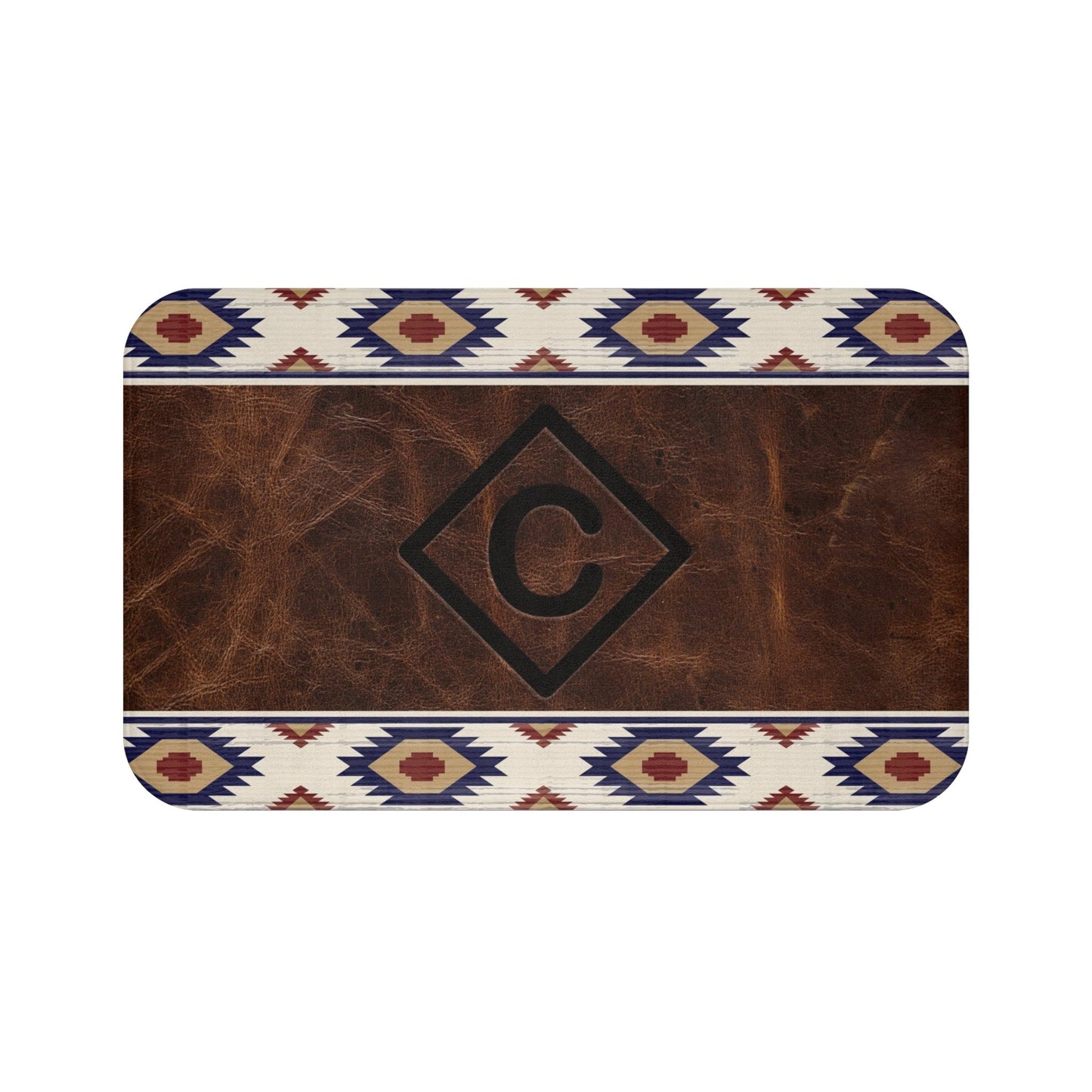 CUSTOM CATTLE BRAND Red White and Blue Aztec Leather Pattern Bath Mat Western Bathroom Home Decor For Ranch House Southwestern Decor