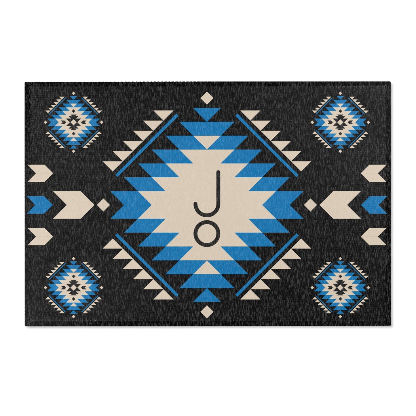 Black Tan Blue Aztec Area Rug Personalized Livestock Branding Iron Navajo Pattern Rug