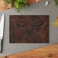 Longhorn Glass Cutting Board Texas Longhorn Skull Cattle Rancher Rustic Kitchen Accessory Western Home Decor Brown Leather Print