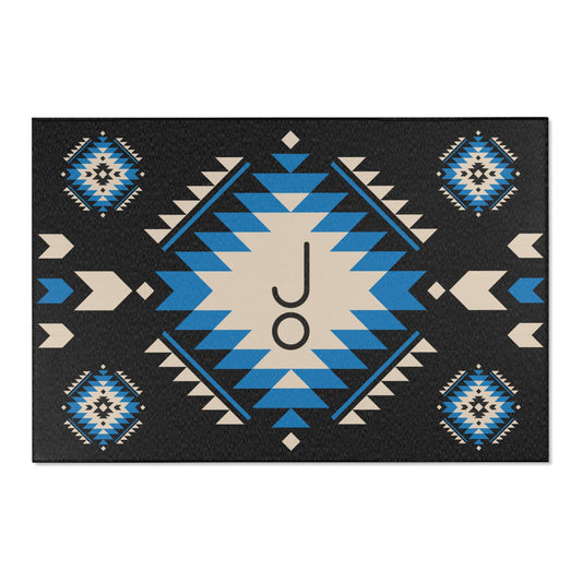 Black Tan Blue Aztec Area Rug Personalized Livestock Branding Iron Navajo Pattern Rug