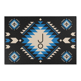 Black Tan Blue Aztec Area Rug Personalized Livestock Branding Iron Navajo Pattern Rug