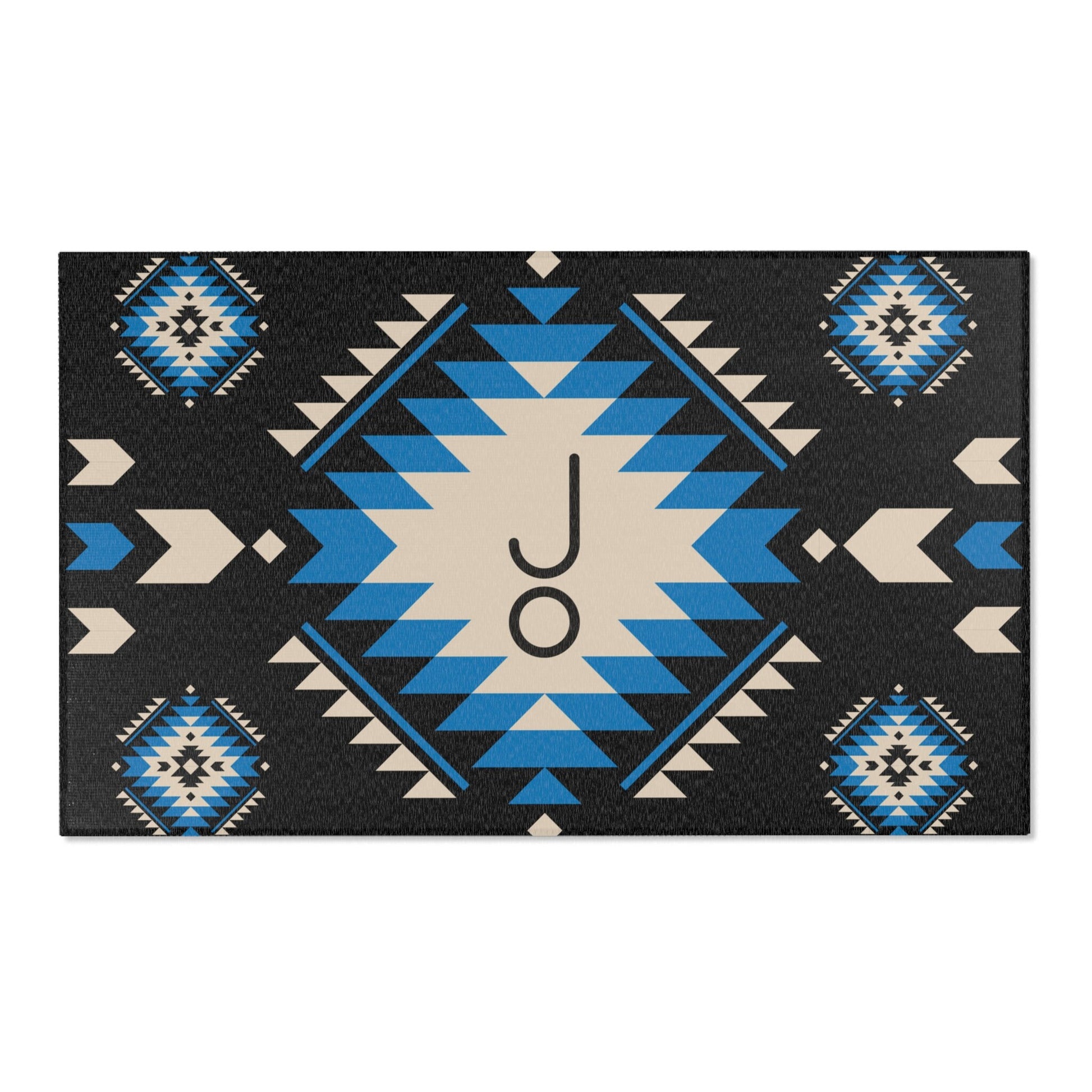 Black Tan Blue Aztec Area Rug Personalized Livestock Branding Iron Navajo Pattern Rug