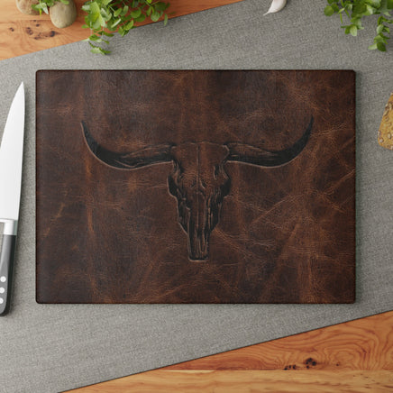 Longhorn Glass Cutting Board Texas Longhorn Skull Cattle Rancher Rustic Kitchen Accessory Western Home Decor Brown Leather Print