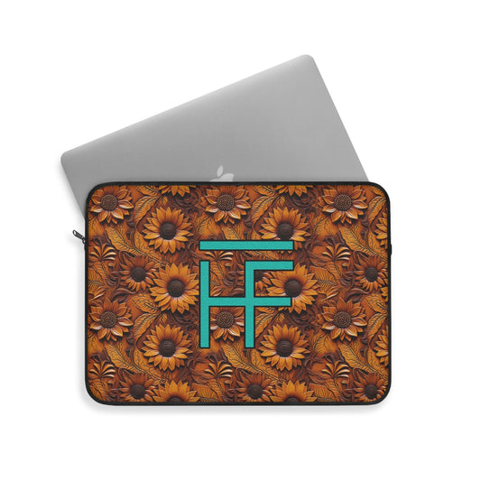 CUSTOM CATTLE BRAND Stamped Sunflower Decorative Leather Printed Pattern Padded Laptop Sleeve Windows Mac Computer Case Boho Livestock Brand