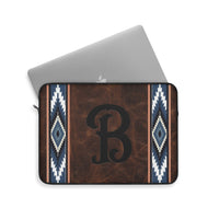 CUSTOM Monogram Printed Dark Leather Blue Aztec Pattern Padded Windows Mac Laptop Sleeve Western Boho Travel Computer Case Sleeve