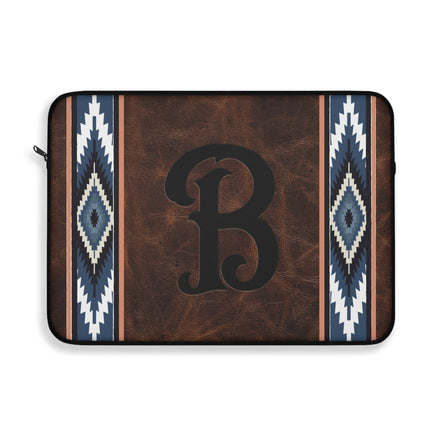 CUSTOM Monogram Printed Dark Leather Blue Aztec Pattern Padded Windows Mac Laptop Sleeve Western Boho Travel Computer Case Sleeve