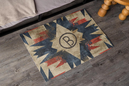 CUSTOM CATTLE BRAND Red and Blue Distressed Area Rug Personalized Livestock Branding Iron Navajo Pattern Rug Vintage Western Home Decor