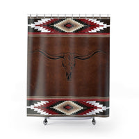 Longhorn Shower Curtain Red Aztec Pattern Ranch Farmhouse Personalized Polyester Shower Curtain Custom Western Bathroom Design Home Decor