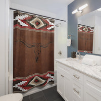 Longhorn Shower Curtain Red Aztec Pattern Ranch Farmhouse Personalized Polyester Shower Curtain Custom Western Bathroom Design Home Decor