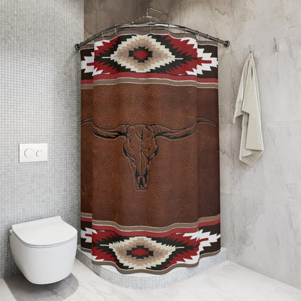 Longhorn Shower Curtain Red Aztec Pattern Ranch Farmhouse Personalized Polyester Shower Curtain Custom Western Bathroom Design Home Decor