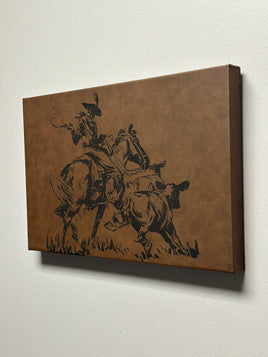 Cowboy Cattle Drive Vintage Art Laser Engraved Leatherette Wall Decor Rustic Leather Raised Wall Art for Ranch or Western Themed Room Decor