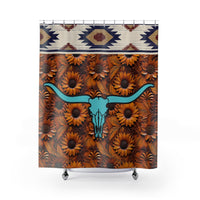Longhorn Stamped Sunflower Leather Pattern Shower Curtain Southwestern Ranch Farmhouse Housewarming Gift