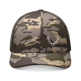 Elk Skull Camouflage Embroidered Trucker Hat for Outdoor Adventures, Elk Hunters Camo Cap Bowhunter Outdoorsmen Gifts for Him