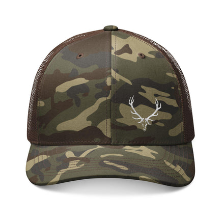 Elk Skull Camouflage Embroidered Trucker Hat for Outdoor Adventures, Elk Hunters Camo Cap Bowhunter Outdoorsmen Gifts for Him
