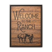 Welcome to the Ranch Framed Canvas Wall Art - Western Rustic Printed Canvas with Horses Cowboy Wall Decor for Ranch or Lodge Vintage Style