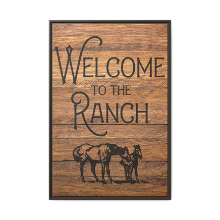 Welcome to the Ranch Framed Canvas Wall Art - Western Rustic Printed Canvas with Horses Cowboy Wall Decor for Ranch or Lodge Vintage Style