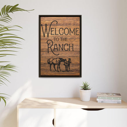 Welcome to the Ranch Framed Canvas Wall Art - Western Rustic Printed Canvas with Horses Cowboy Wall Decor for Ranch or Lodge Vintage Style