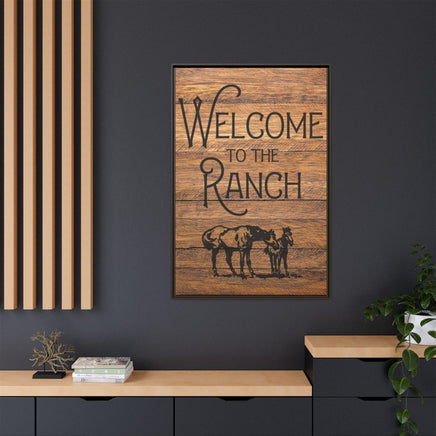 Welcome to the Ranch Framed Canvas Wall Art - Western Rustic Printed Canvas with Horses Cowboy Wall Decor for Ranch or Lodge Vintage Style