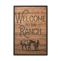 Welcome to the Ranch Framed Canvas Wall Art - Western Rustic Printed Canvas with Horses Cowboy Wall Decor for Ranch or Lodge Vintage Style