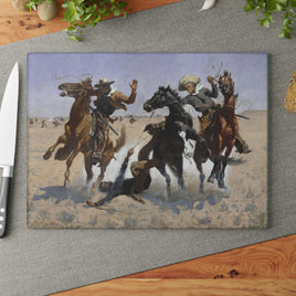 Rustic Western Glass Cutting Board | Vintage Western Cowboy Art Kitchen Decor Accessory, Frederic Remington Painting Western Life Home Decor