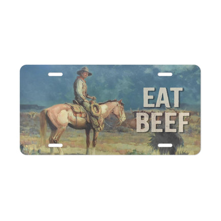 EAT BEEF Cowboy License Plate Vintage Painting Cowboy Western Rancher Personalized License Plate Longhorn Cattle Producers Truck Accessory