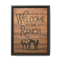 Welcome to the Ranch Framed Canvas Wall Art - Western Rustic Printed Canvas with Horses Cowboy Wall Decor for Ranch or Lodge Vintage Style