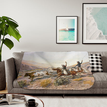 Western Cowboy Cattle Roundup Sherpa Blanket Charlie Russell Vintage Artwork Rustic Western Throw