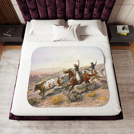 Western Cowboy Cattle Roundup Sherpa Blanket Charlie Russell Vintage Artwork Rustic Western Throw