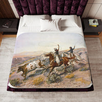 Western Cowboy Cattle Roundup Sherpa Blanket Charlie Russell Vintage Artwork Rustic Western Throw