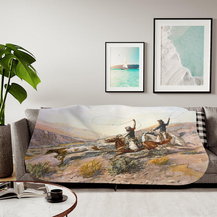 Western Cowboy Cattle Roundup Sherpa Blanket Charlie Russell Vintage Artwork Rustic Western Throw