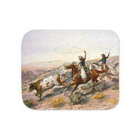 Western Cowboy Cattle Roundup Sherpa Blanket Charlie Russell Vintage Artwork Rustic Western Throw