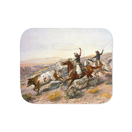 Western Cowboy Cattle Roundup Sherpa Blanket Charlie Russell Vintage Artwork Rustic Western Throw