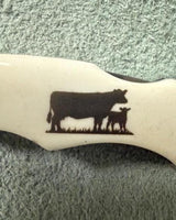 Cow and Calf Folding Pocket Knife Bone Handle Laser Engraved Cowboy Gift Rancher Livestock Rustic Western Present