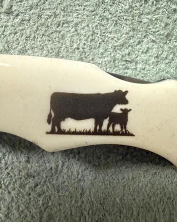 Cow and Calf Folding Pocket Knife Bone Handle Laser Engraved Cowboy Gift Rancher Livestock Rustic Western Present