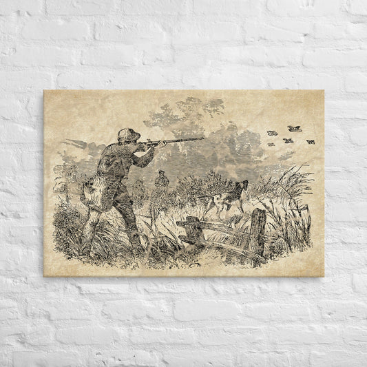 Retro Engraved Quail Hunting Scene Thin Canvas