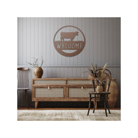 Welcome Cow Sign Circle Metal Cutout Farm and Ranch Sign for Doors Porch Wall Decor Rustic Western Room Decorations Cattle and Horse Ranch