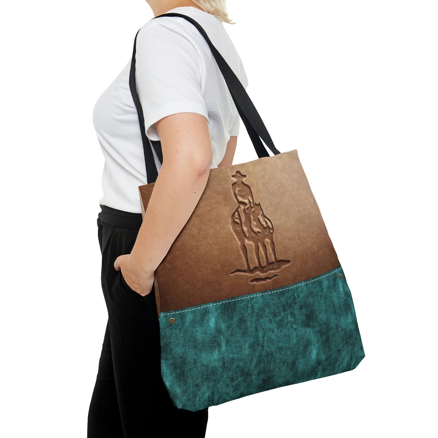 Embossed Cowboy Western Tote Bag Replicates the look of Embossed Leather Ranch Gifts Custom Designed Cowgirl Leather Polyester Tote Bag