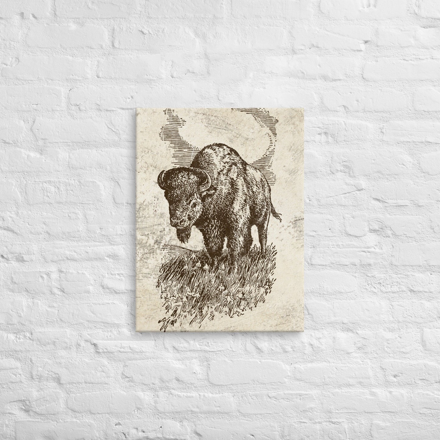 American Buffalo Vintage Retro Illustration Wall Artwork Stretched Canvas Print for Western Lodge Decor Rustic Lodge and Cabin Art