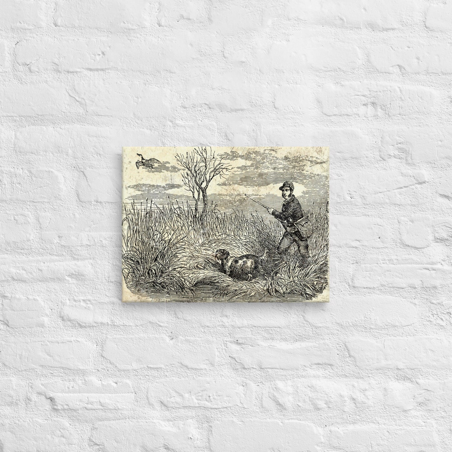 Duck Hunting Waterfowl Vintage Etched Style Distressed Art Wall Stretched Canvas Retro Hunting Dog Wall Decor for Hunters