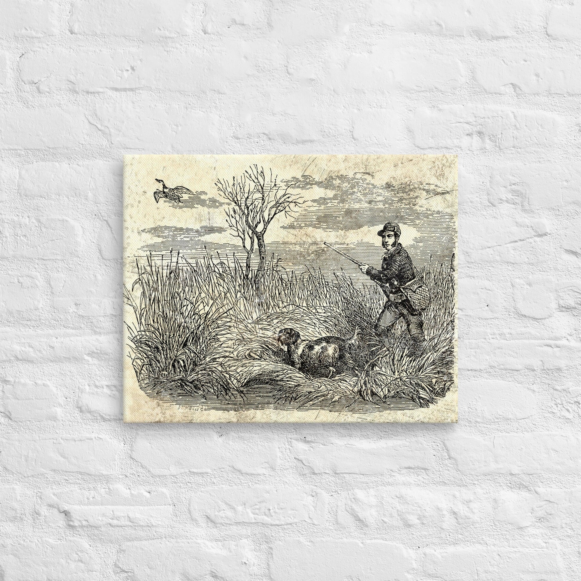 Duck Hunting Waterfowl Vintage Etched Style Distressed Art Wall Stretched Canvas Retro Hunting Dog Wall Decor for Hunters