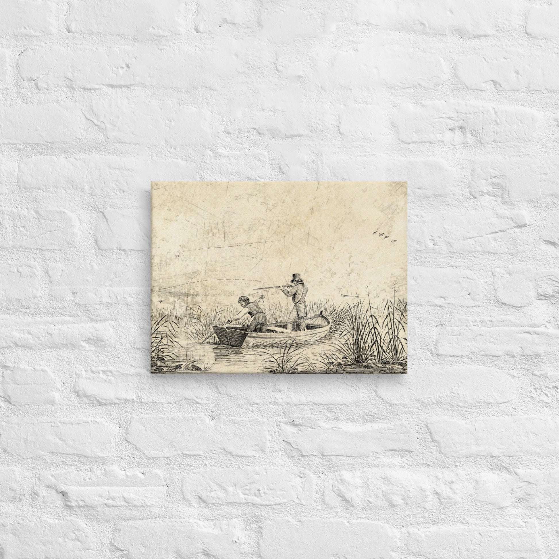 Vintage Retro Engraved Style Duck Hunting Scene Waterfowl Hunter Printed Canvas Wall Canvas Gift for Bird Hunters