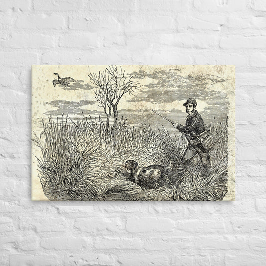 Duck Hunting Waterfowl Vintage Etched Style Distressed Art Wall Stretched Canvas Retro Hunting Dog Wall Decor for Hunters Upland Bird Hunt