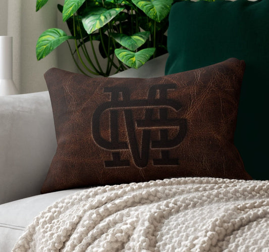 CUSTOM CATTLE BRAND Dark Leather Looking Spun Polyester Lumbar Pillow Rustic Western Rustic Home Decor Throw Pillow Farmhouse Design