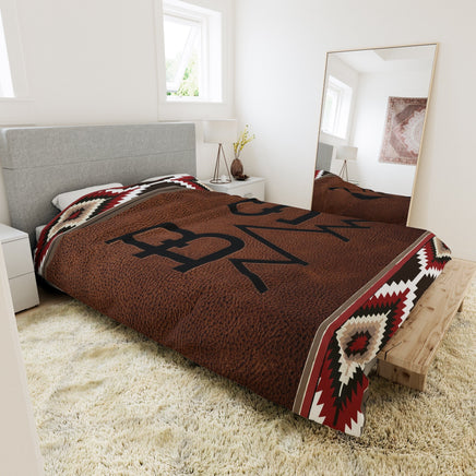 CATTLE BRAND Duvet Cover Custom Designed With Your Livestock Brand Aztec and Leather Pattern Printed Cover For Rustic Western Theme Bedroom