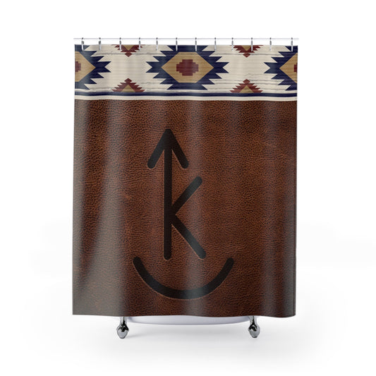 CUSTOM CATTLE BRAND Personalized Rustic Western Shower Curtain Blue & Red Aztec Cowboy Ranch House Bathroom Decor Livestock Brand Home Decor