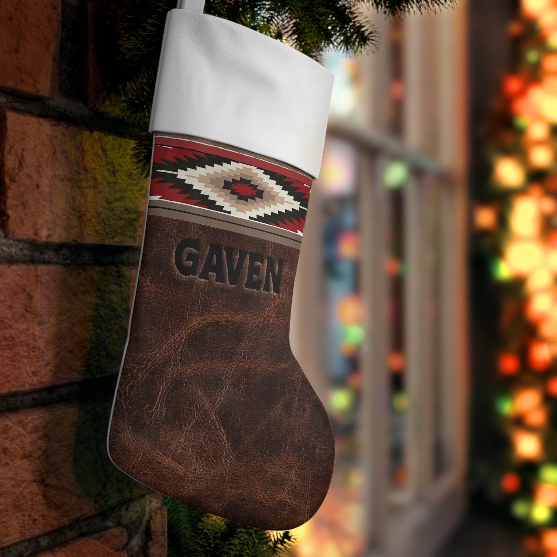 CUSTOM NAME Personalized Dark Leather Pattern Polyester Holiday Stocking Custom Christmas Holiday Decorations Rustic Western Home Decor