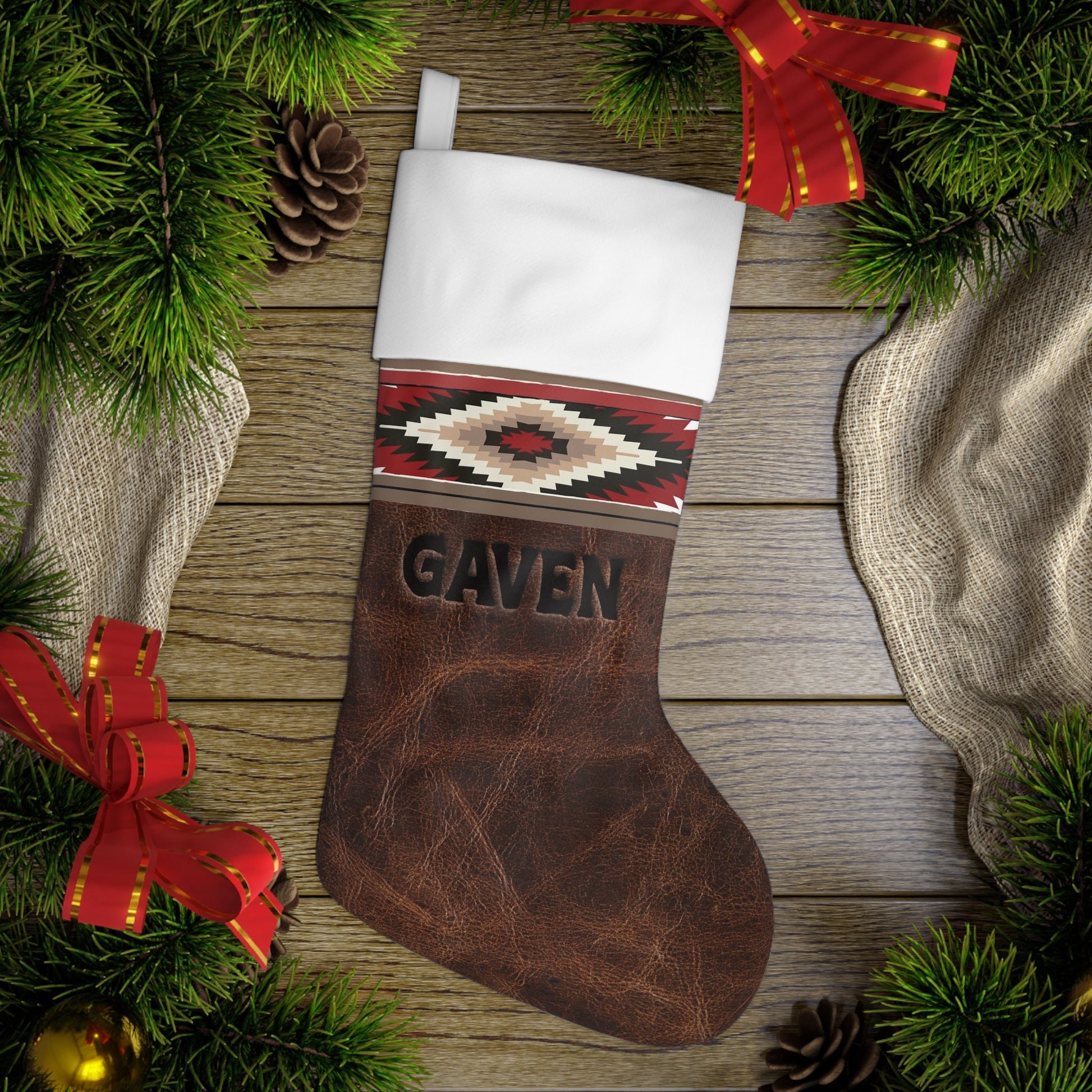 CUSTOM NAME Personalized Dark Leather Pattern Polyester Holiday Stocking Custom Christmas Holiday Decorations Rustic Western Home Decor