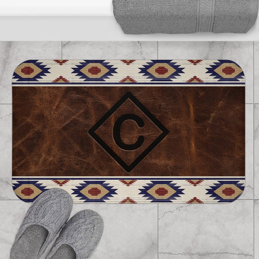 CUSTOM CATTLE BRAND Red White and Blue Aztec Leather Pattern Bath Mat Western Bathroom Home Decor For Ranch House Southwestern Decor