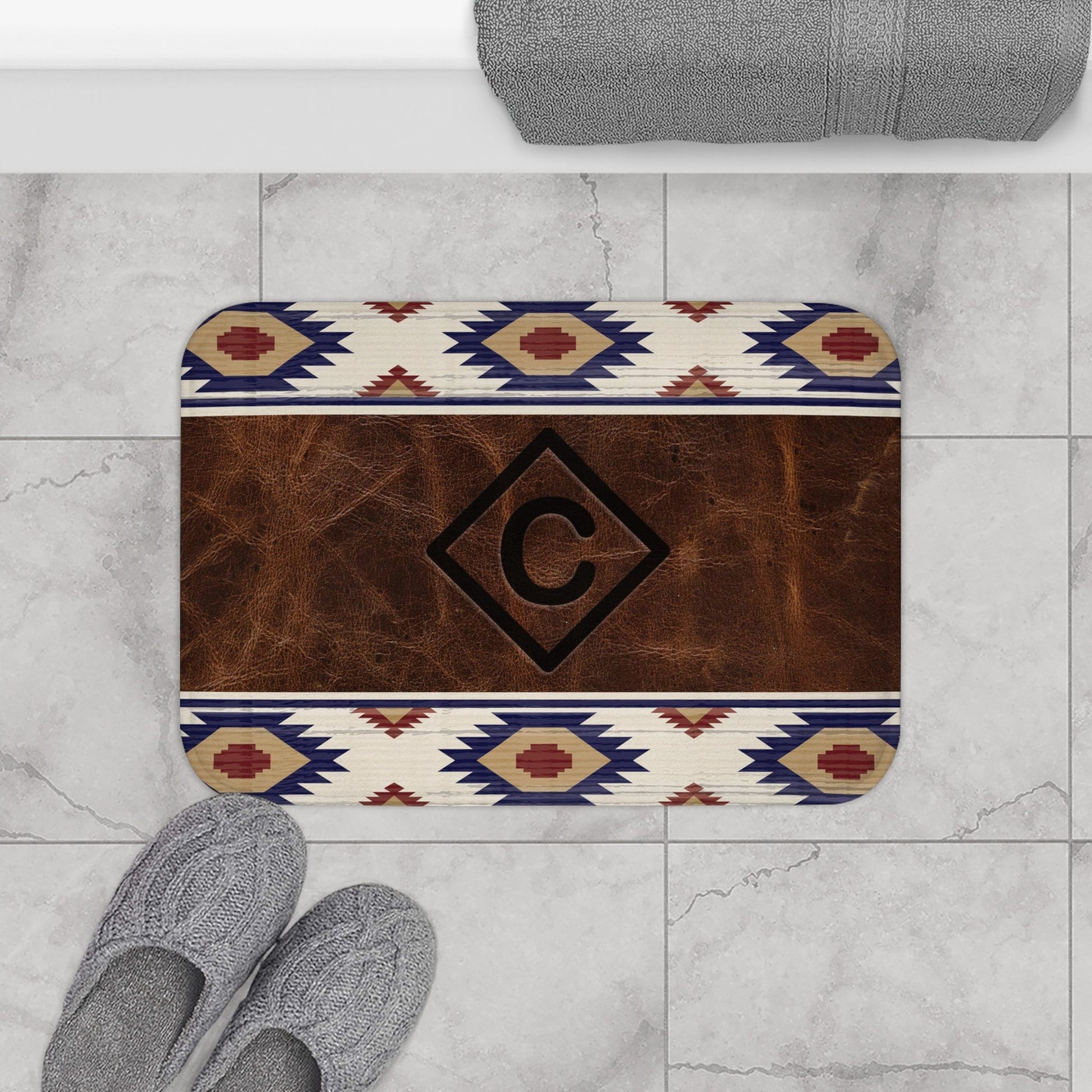 CUSTOM CATTLE BRAND Red White and Blue Aztec Leather Pattern Bath Mat Western Bathroom Home Decor For Ranch House Southwestern Decor