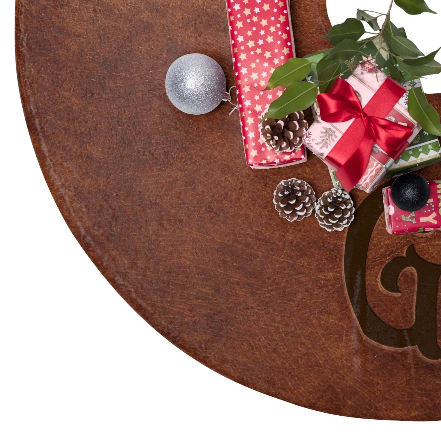 CUSTOM Monogram Christmas Tree Skirts Stamped Leather Looking Printed Unique Family Holiday Decorations